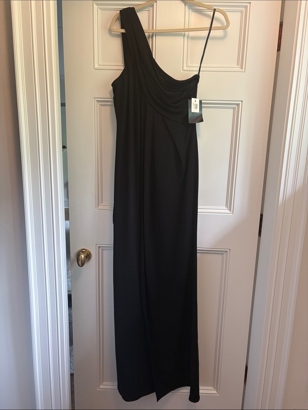 Rachel Zoe One Shoulder Black Evening Dress with Draped Bodice